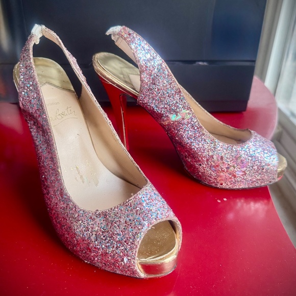 Christian Louboutin Multicolor Glitter Slingback Peep Platform Sandals Sz. 5.5 - Picture 4 of 15
